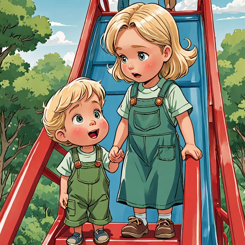 a boy and a girl are standing on a slide in the park, and one of them is holding hands, lyco art, a storybook illustration, Brothers Hildebrandt, storybook illustration