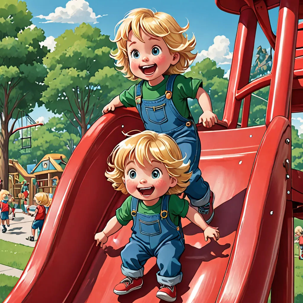 a couple of kids playing on a red slide in a park with a playground in the background and a park with children playing, lyco art, a storybook illustration, Brothers Hildebrandt, highly detailed digital painting