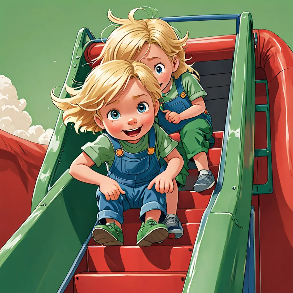 a couple of kids riding on top of a slide in a playground area with a slide in the background, photorealism, a storybook illustration, Brothers Hildebrandt, rossdraws global illumination