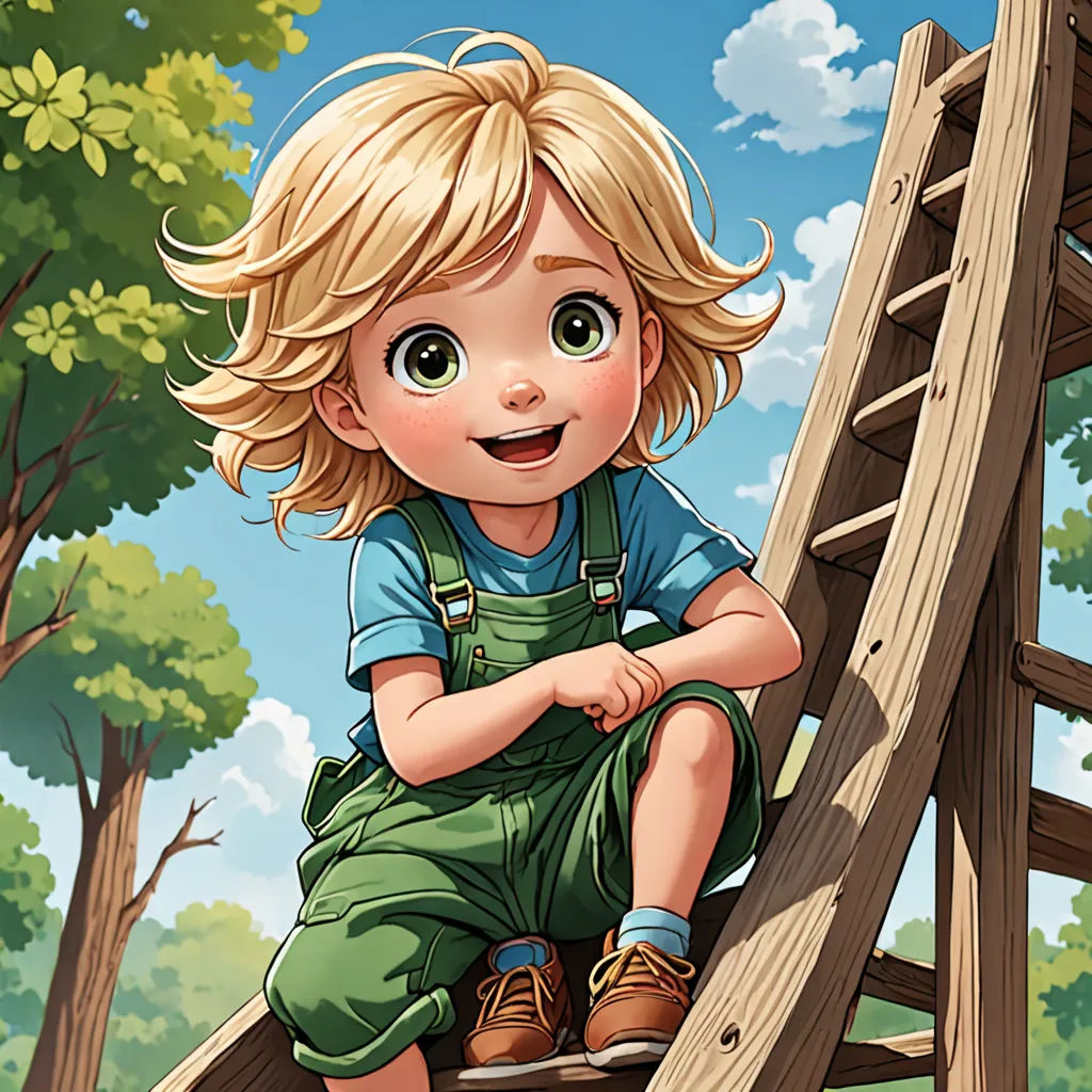 a cartoon of a little girl sitting on a wooden swing set in the woods with a ladder in the background, lyco art, a storybook illustration, Cliff Childs, highly detailed digital painting