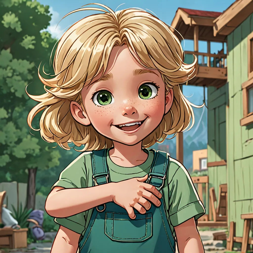 a cartoon of a girl with blonde hair and green eyes standing in front of a building with a tree, american scene painting, a character portrait, Cliff Childs, kinkade