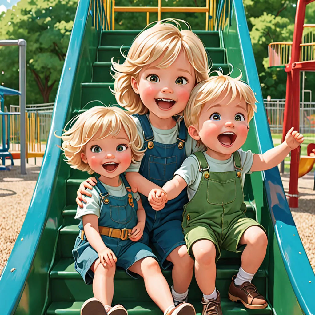 three children sitting on a slide in a playground area with a playground in the background and a playground in the foreground, photorealism, a detailed drawing, Brothers Hildebrandt, ultra realistic illustration