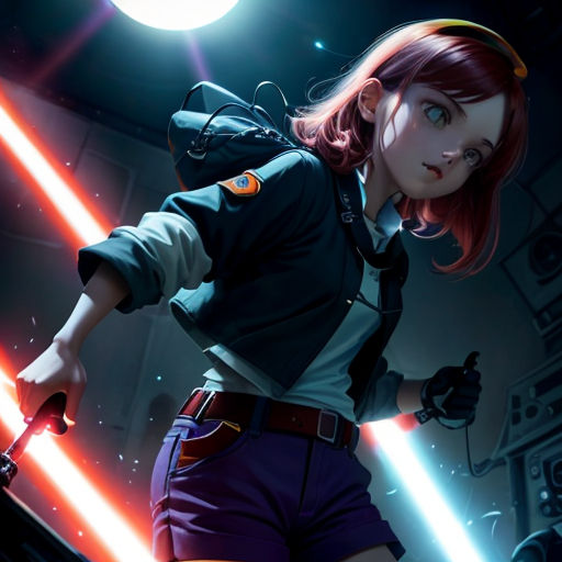 a woman with a light saber in her hand and a light saber in her hand, standing in a dark room