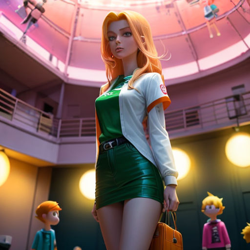 a woman in a green dress holding a brown bag in a room with people in it and a pink ceiling