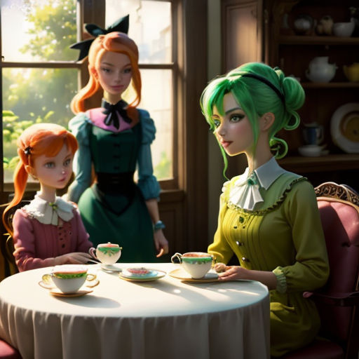 a group of women sitting around a table with tea cups on it and a cat standing next to them
