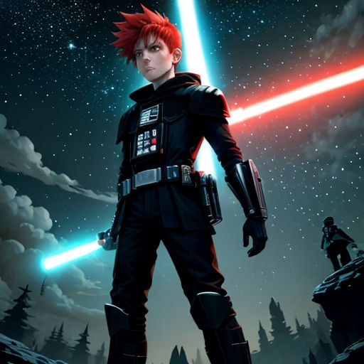 a man in a star wars outfit holding a light saber in his hand and standing on a hill with a sky full of stars