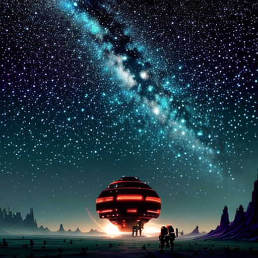 a space station with a large star filled sky above it and a large galaxy in the background with stars