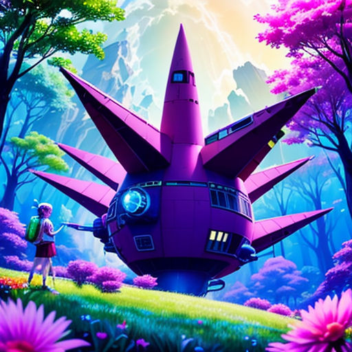 a cartoon character standing in front of a purple building in a forest with flowers and trees on the ground