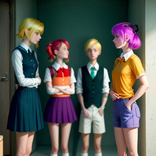 a group of young people standing next to each other in a room with a door open and a woman in a short skirt