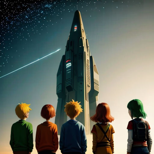 a group of kids looking at a space shuttle in the sky with a shooting star in the background and a shooting star in the sky