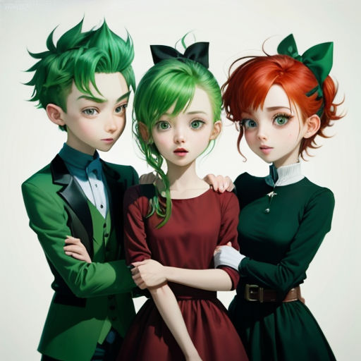 three people dressed in green and red are posing for a picture together, with one of them wearing a green hair