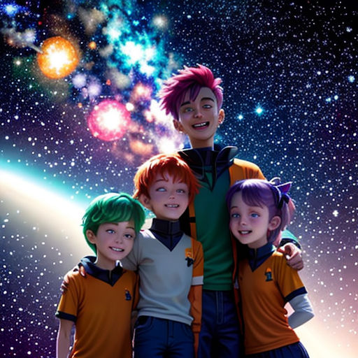a group of kids standing next to each other in front of a space background with stars and a planet