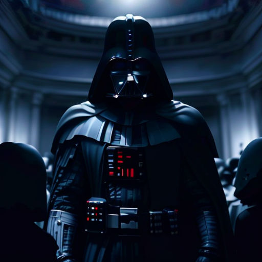 a darth vader standing in a dark room with other people around him and a light on the ceiling