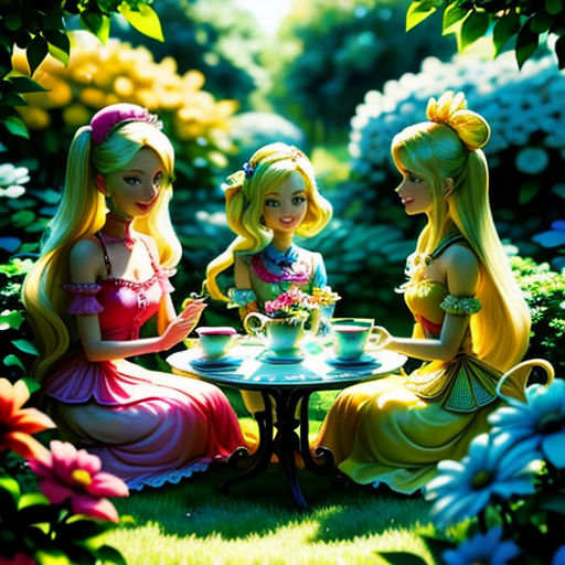 three beautiful women sitting at a table in a garden with flowers and a teapot on it, talking