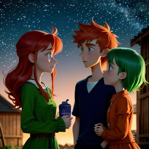 a couple of people standing next to each other near a building and a sky full of stars and a little boy holding a bottle