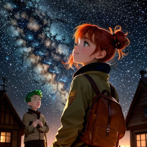 a girl and boy looking at the stars in the sky with a backpack on their shoulders and a backpack on their shoulder