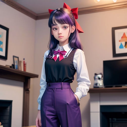a girl with purple hair and a bow in her hair standing in a living room with a fireplace and a television