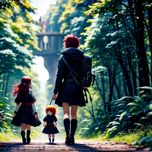 a couple of people that are walking down a road together in the woods with a dog on a leash