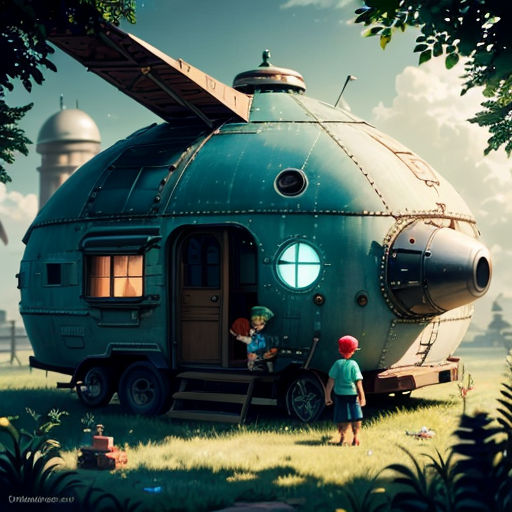 a little boy standing outside of a green house on wheels with a little girl standing outside of it and a man standing outside