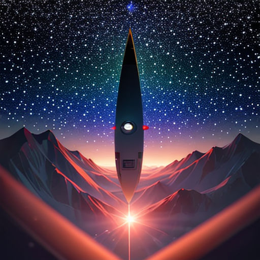 a rocket ship flying through the sky with mountains in the background and stars in the sky above it, with a bright light shining on the bottom of the rocket