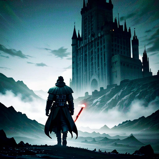 a man standing in front of a castle with a red light on his hand and a red light on his head