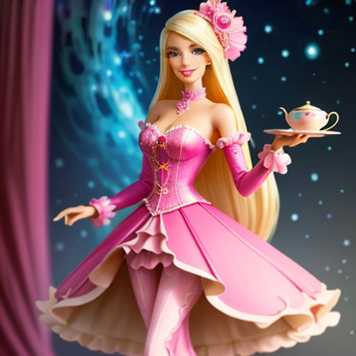 a barbie doll holding a teapot and a tea cup in her hand, with a pink dress and tiara