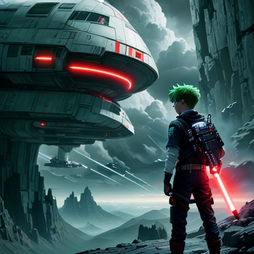 a man standing in front of a giant spaceship with lights on it's face and a green hair