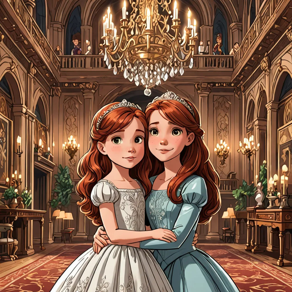 a couple of girls in dresses standing next to each other in a room with chandeliers and chandeliers, disney, gothic art, a storybook illustration, official art