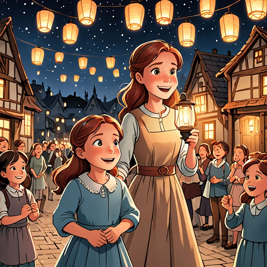 a woman standing next to a little girl in a village at night with lanterns overhead and a crowd of people standing around, Anne Said, fantasy art, a storybook illustration, official art
