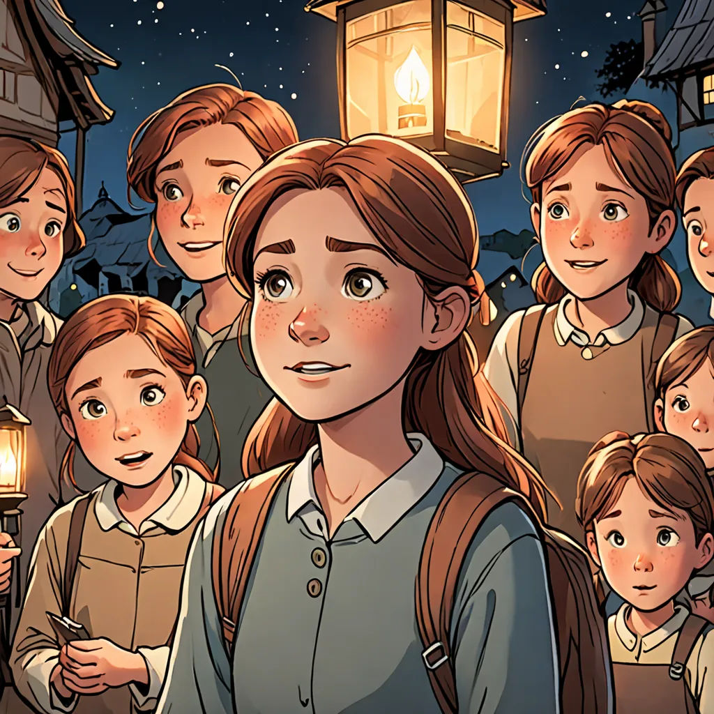 a group of people standing around a lantern in the dark night with a sky full of stars and a person holding a lit candle, Anne Said, magical realism, a storybook illustration, comic cover art