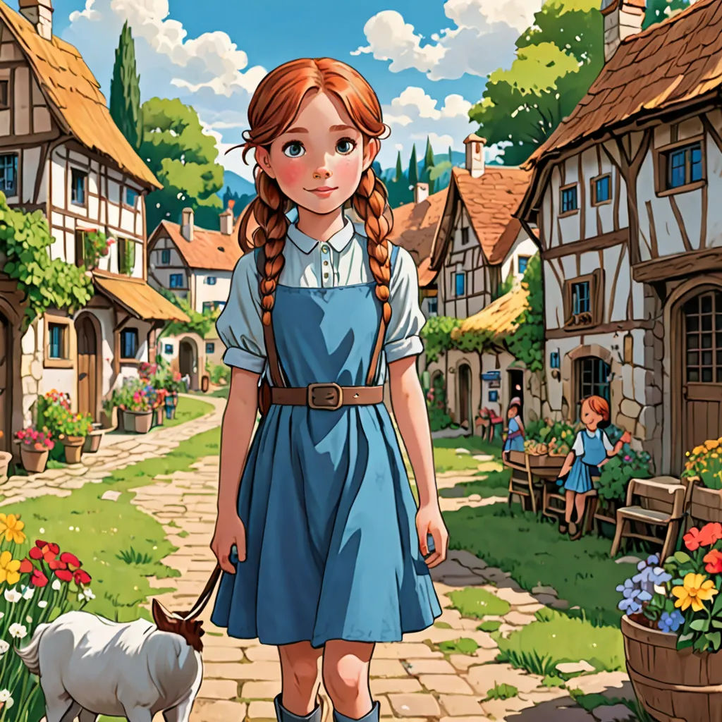 a girl in a blue dress is walking a dog in a village with flowers and a house on the other side, Anne Said, fantasy art, a storybook illustration, official art