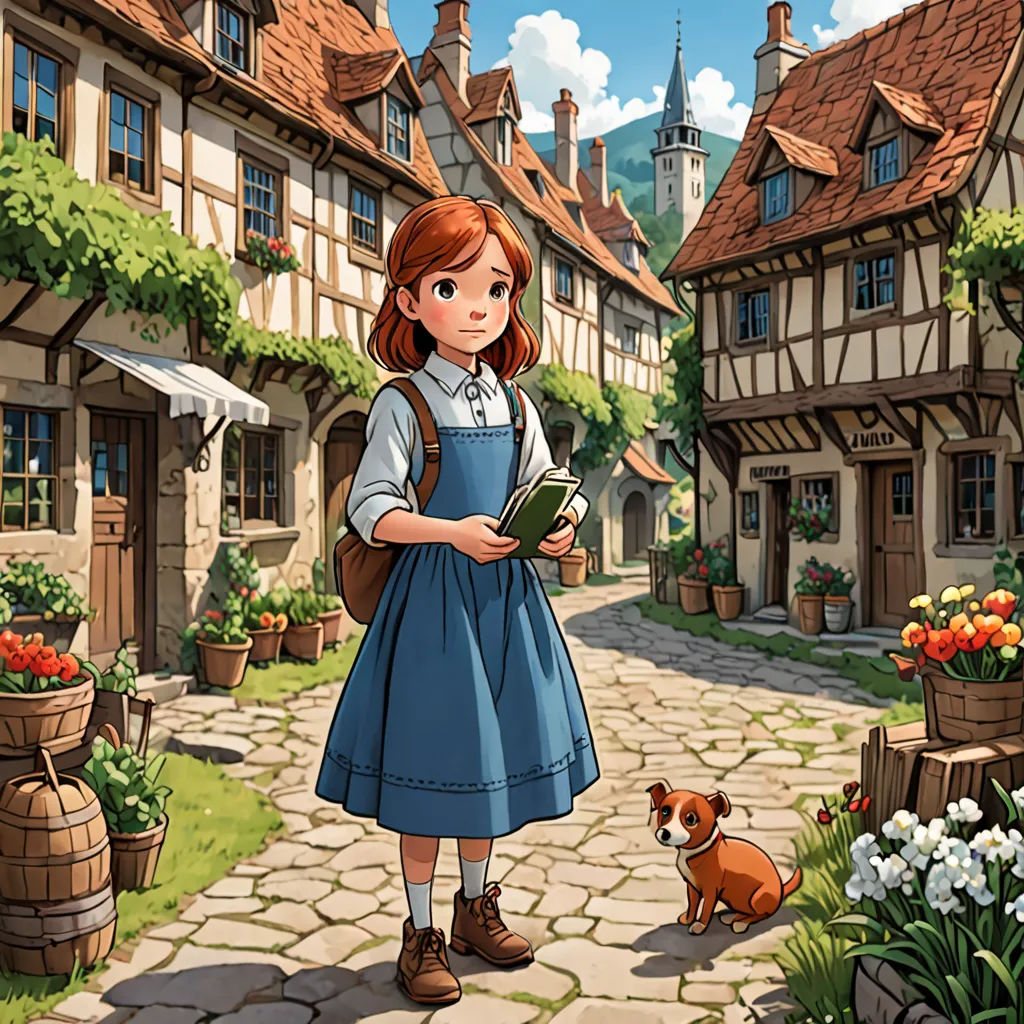 a girl in a blue dress is standing in front of a dog and a building with a clock tower, Anne Said, fantasy art, a storybook illustration, official art