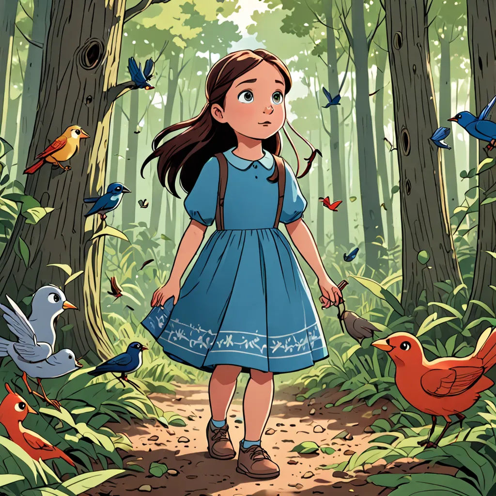 a girl in a blue dress is walking through a forest with birds and birds around her, and a bird in her hand, Cliff Childs, magical realism, a storybook illustration, comic cover art