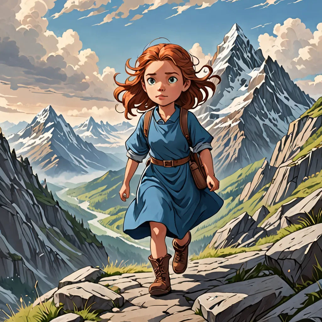 a girl in a blue dress is walking on a path in the mountains with a backpack on her back, Christophe Vacher, fantasy art, a storybook illustration, official art