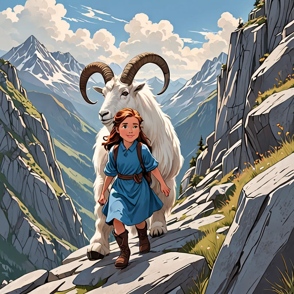 a girl in a blue dress is walking on a mountain with a goat on her back and a mountain range in the background, Christophe Vacher, fantasy art, a storybook illustration, ghibli