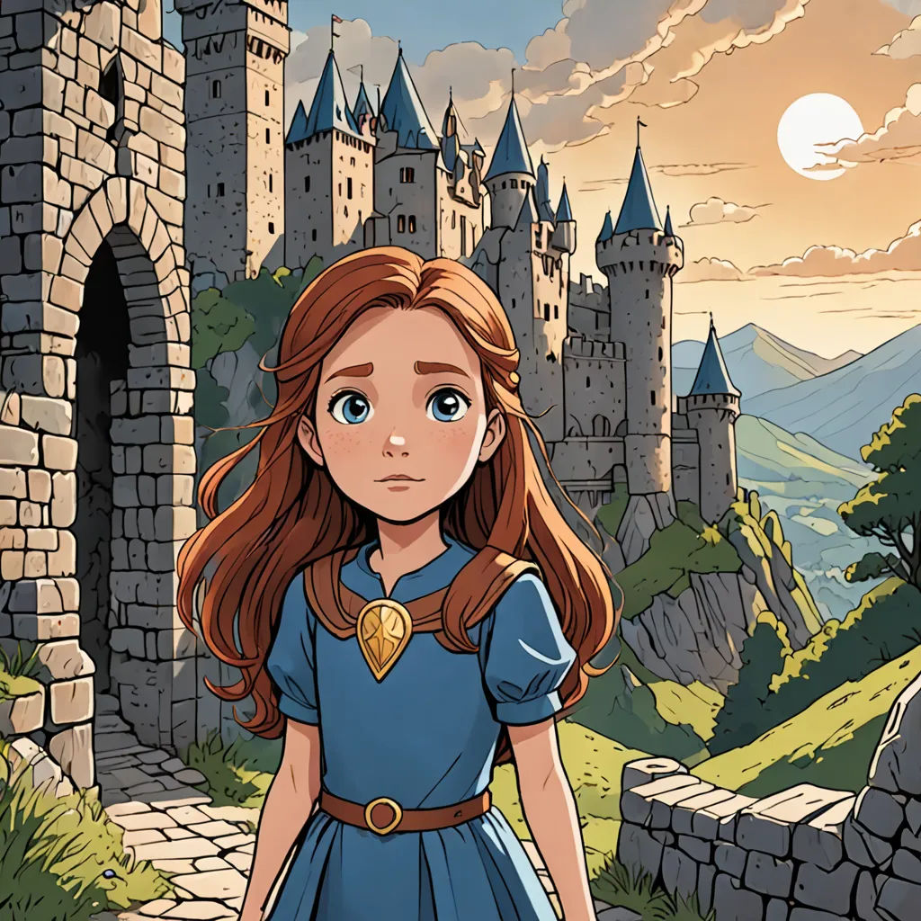 a cartoon of a girl in a blue dress standing in front of a castle with a castle in the background, Cliff Childs, fantasy art, a storybook illustration, rossdraws global illumination