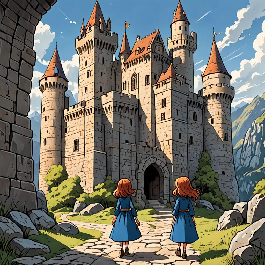 two girls in blue dresses are walking towards a castle with a stone pathway and a stone walkway leading to it, Christophe Vacher, fantasy art, a storybook illustration, official art