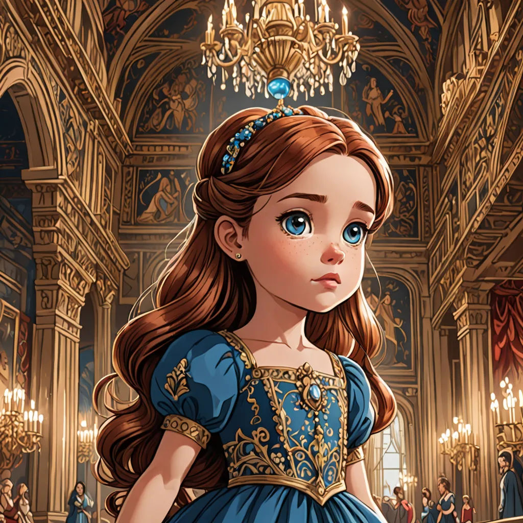 a young girl in a blue dress standing in a room with chandeliers and a chandelier, Clarice Beckett, gothic art, a detailed painting, highly detailed digital painting