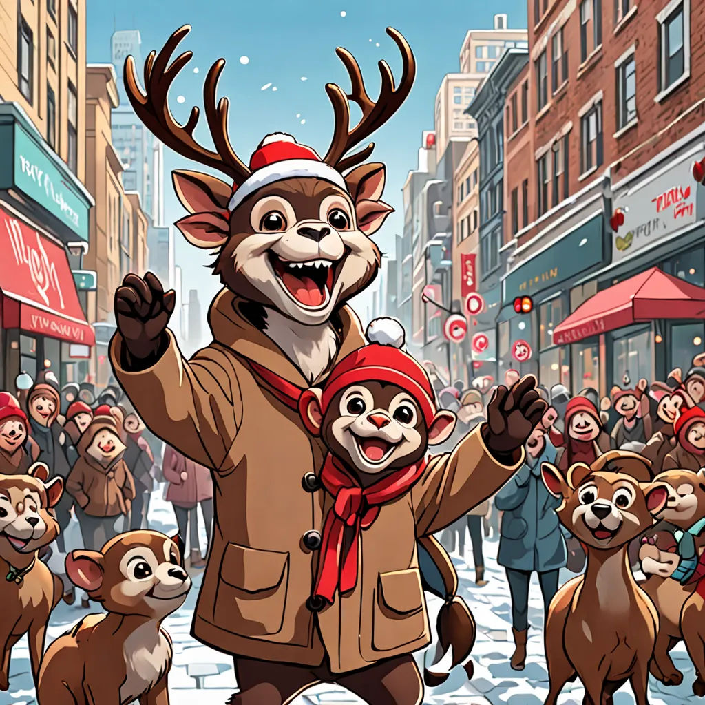 a man holding a child in front of a crowd of people in a city street with deer on the street, furry art, a storybook illustration, Dan Mumford, promotional image