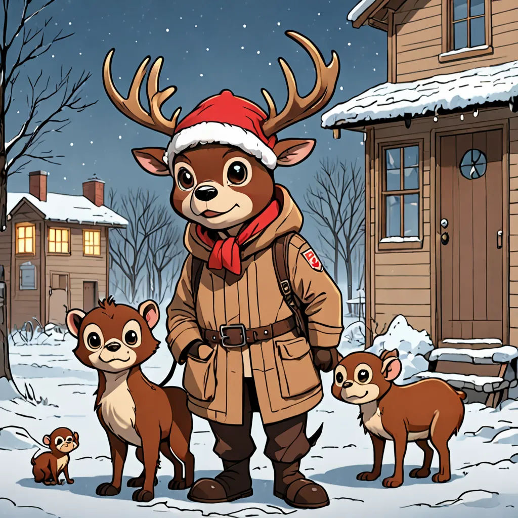 a man in a red hat and coat standing next to a couple of deer and a house with a snow covered roof, furry art, a storybook illustration, Dan Mumford, comic cover art