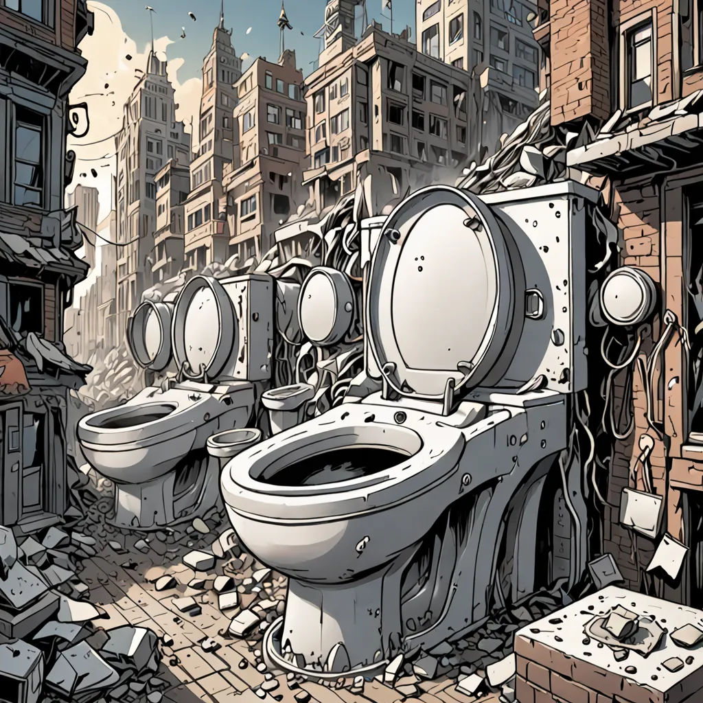 a bunch of toilets that are in a bunch of rubbles in a city with buildings in the background, ashcan school, a comic book panel, Asaf Hanuka, comic cover art