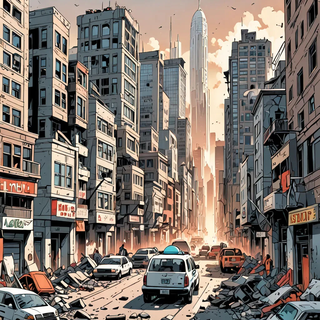 a city street filled with lots of cars and debris and buildings with a sky background that has a pink sky, ashcan school, a comic book panel, Dan Mumford, laurie greasley