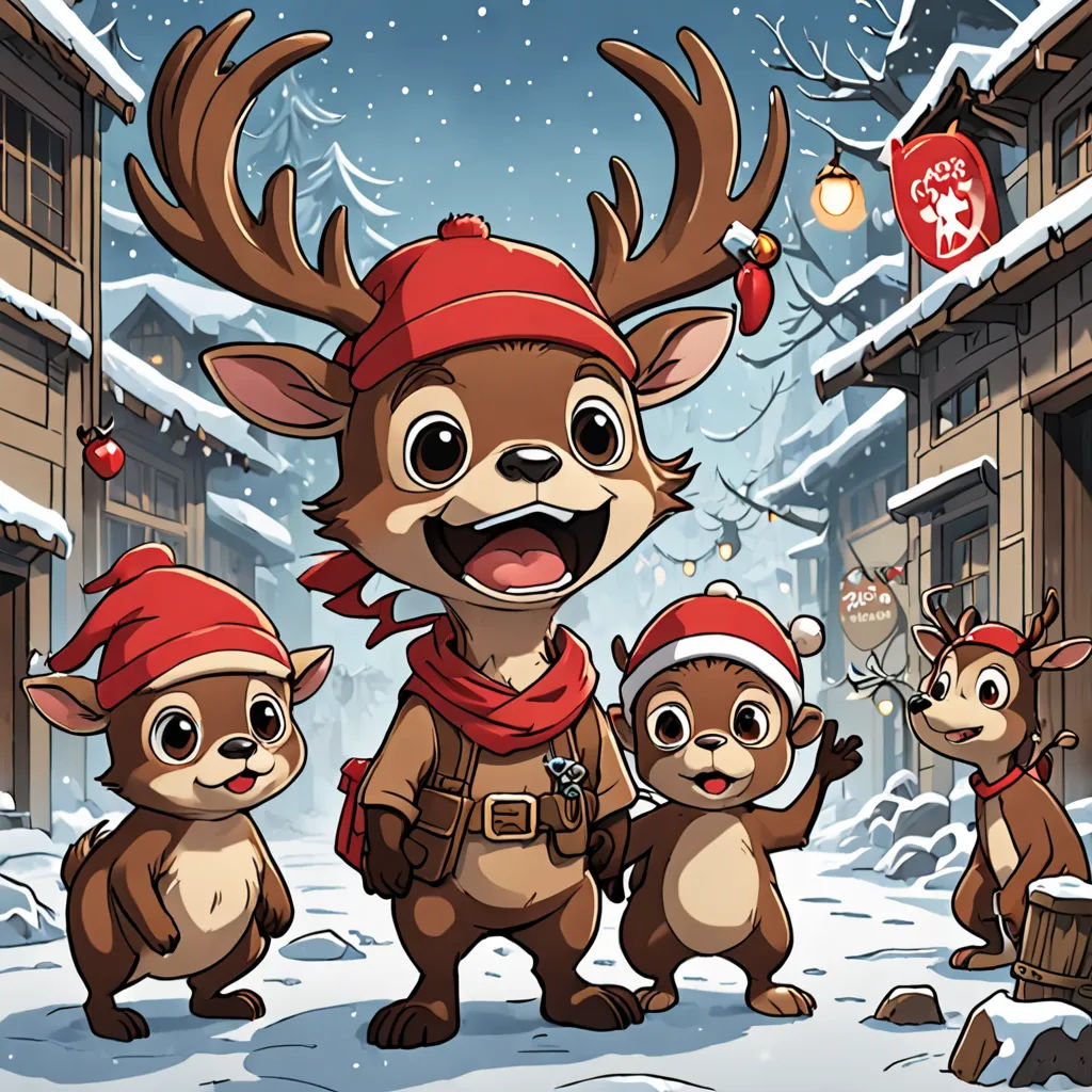 a cartoon of a group of animals dressed up in christmas attire in a snowy town with a reindeer and a snowman, furry art, a storybook illustration, Dan Mumford, key art