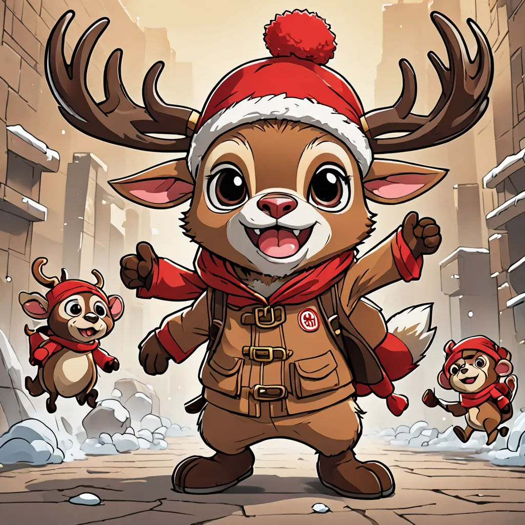 a cartoon character dressed as a deer with a santa hat and scarf on, surrounded by other characters in a snowy city, furry art, a storybook illustration, Cliff Childs, splash art