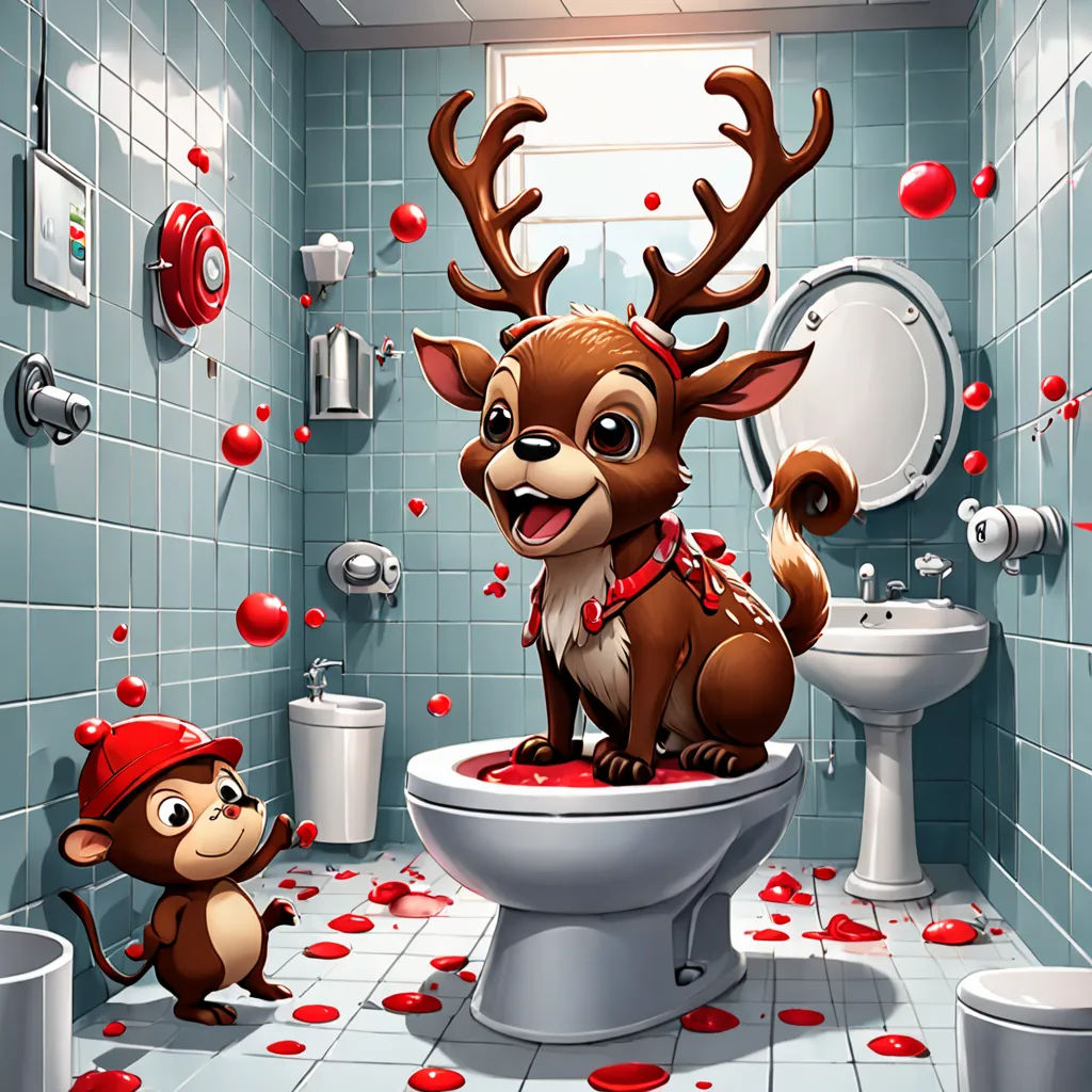 a cartoon of a deer and a monkey in a bathroom with red hearts on the floor and walls and a toilet, pop surrealism, a storybook illustration, Chris LaBrooy, behance hd