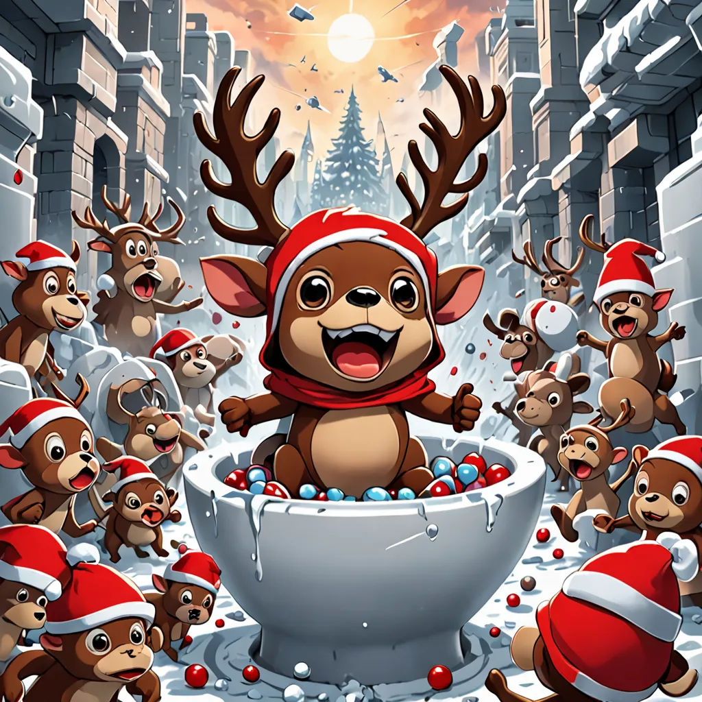 a cartoon of a reindeer in a bathtub surrounded by other reindeers in a snowy city street at night, pop surrealism, a storybook illustration, Cyril Rolando, behance hd