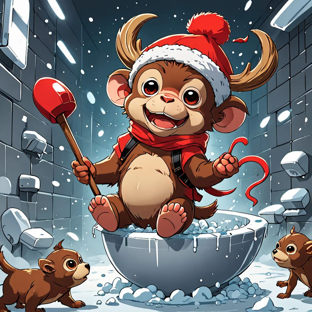 a cartoon monkey in a santa hat and scarf sitting in a bathtub with two puppies in it, furry art, a storybook illustration, Dan Mumford, league of legends splash art