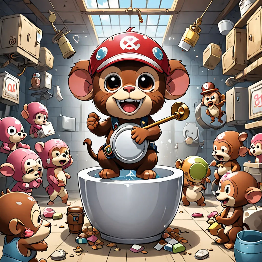 a cartoon of a monkey playing a drum in a bathroom with other monkeys around him and a ceiling fan, sots art, a character portrait, Fan Qi, official art