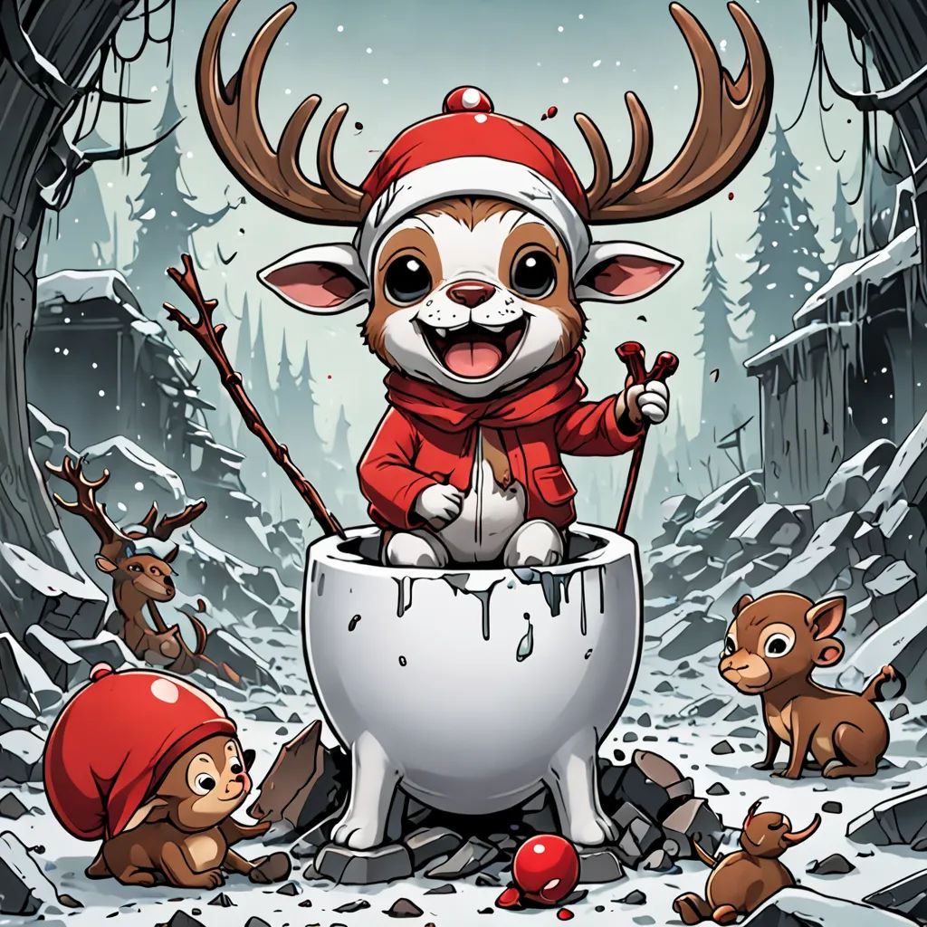 a cartoon of a reindeer with a santa hat and reindeers around him, in a snowy forest with a snow covered ground, pop surrealism, a storybook illustration, Cyril Rolando, behance hd