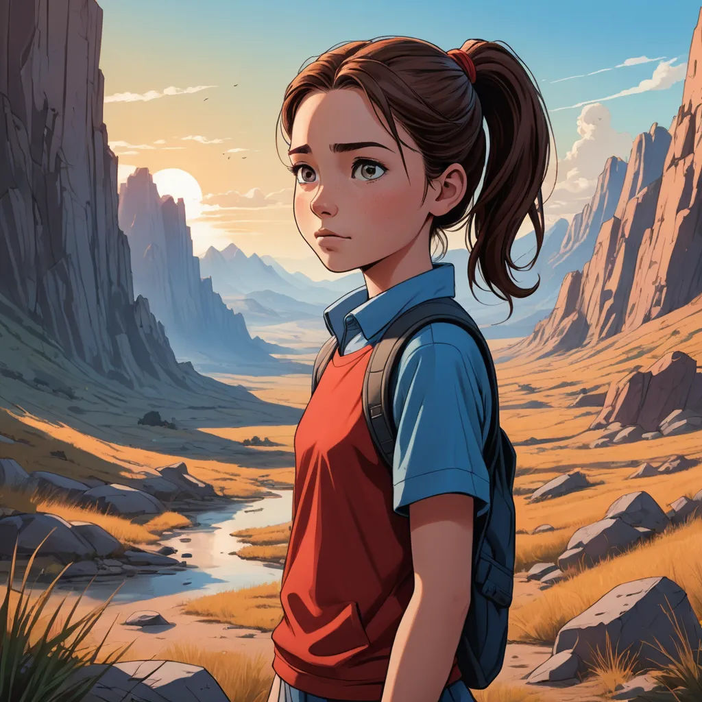 a girl with a ponytail standing in a desert area with mountains and a river in the background, looking at the camera, fantasy art, a character portrait, Atey Ghailan, rossdraws global illumination